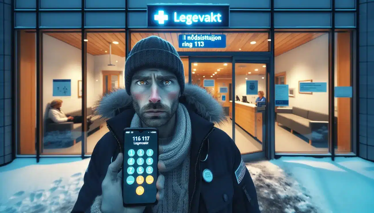 Man outside norwegian legevakt calling 116 117 on his phone at night