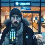 Man outside norwegian legevakt calling 116 117 on his phone at night