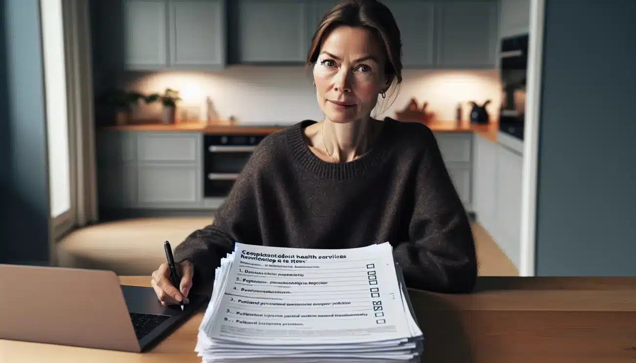 Norwegian woman organizing a healthcare complaint with checklist documents and laptop