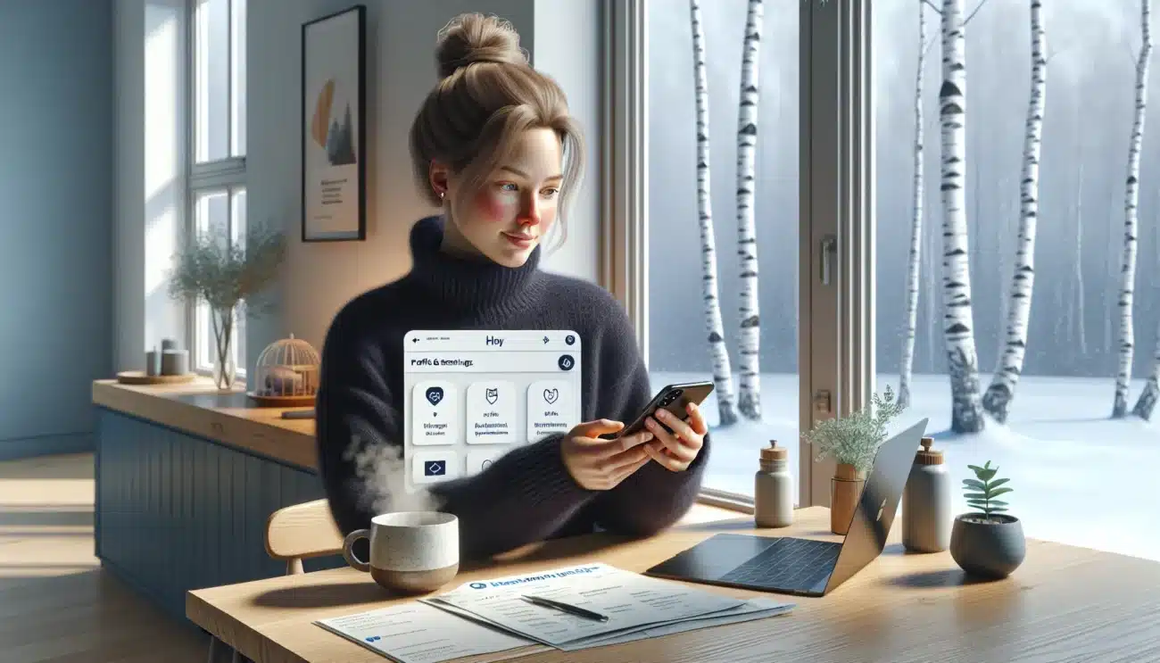 Norwegian woman uses helsenorge app at home to manage health tasks