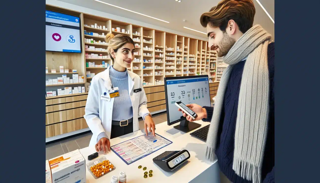 Pharmacist advises patient with e prescription in a modern norwegian pharmacy