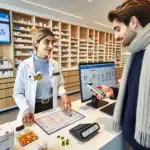 Pharmacist advises patient with e prescription in a modern norwegian pharmacy