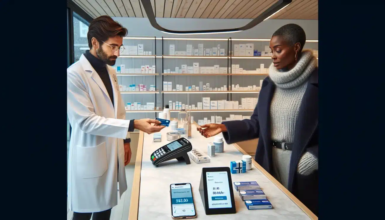 Pharmacist hands blue prescription medicine to norwegian patient paying capped copay